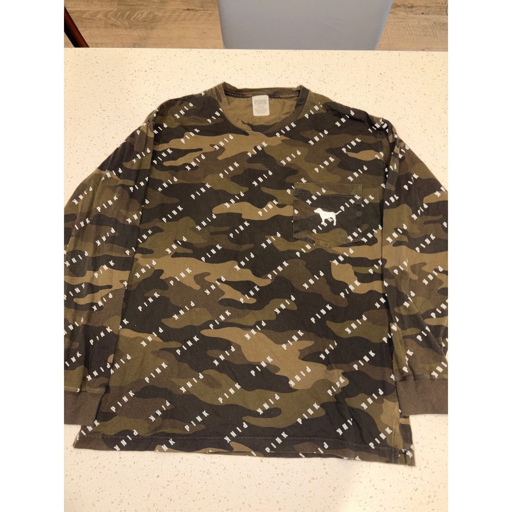 Pink Victoria's Secret Camo Long Sleeve T-Shirt Logo Pocket Top Medium